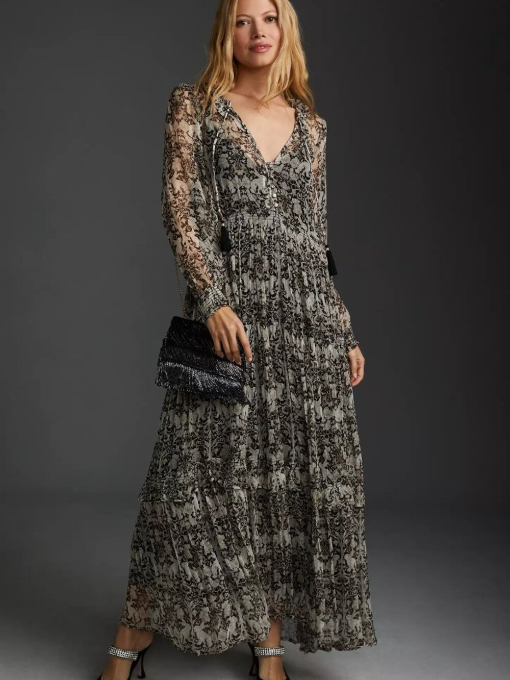 By Anthropologie Marais Printed Chiffon Maxi Dress Bunnies Bird Floral Mirror